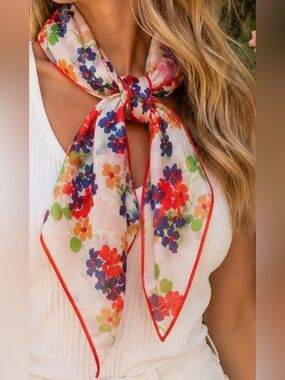 Vintage Floral Chiffon Scarf – Colorful Retro Bouquet | Red Border 13x42 |